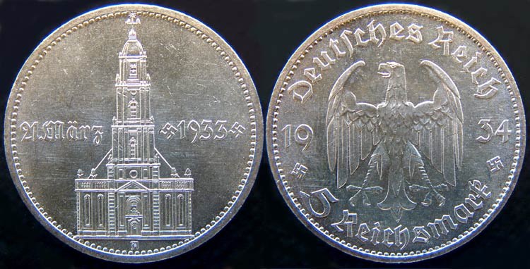 Nazi 5 RM Church w/date 1934 A