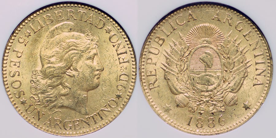 Argentina - 5 Pesos, Argentino 1886