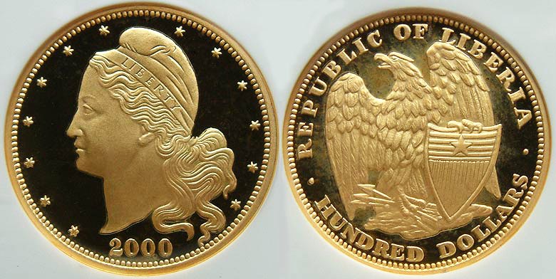Liberia - Flowing Hair Liberty & Eagle w/Shield $100