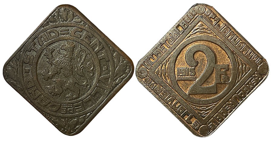 Belgium - Ghent 1915 2 Franken, thick '2' both sides copper