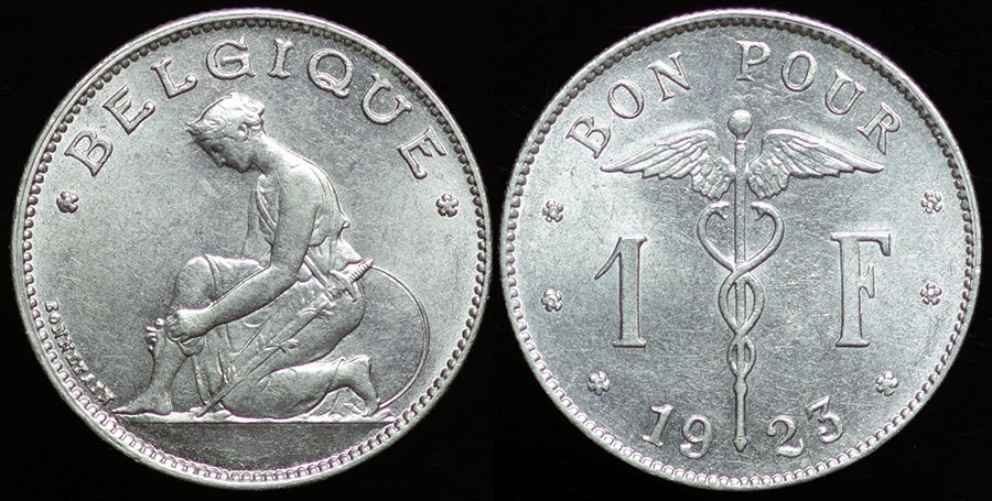 Belgium - 1 Frank 1923 Kneeling Woman & Caduceus