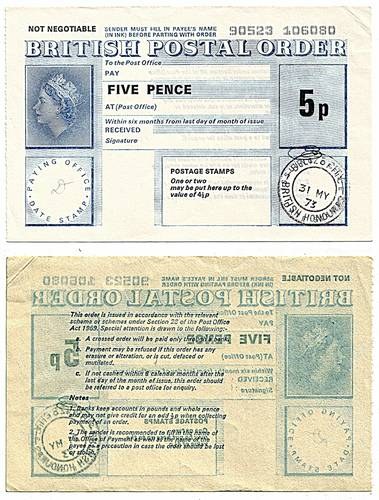 British Honduras 1973 5 Pence Postal Order.
