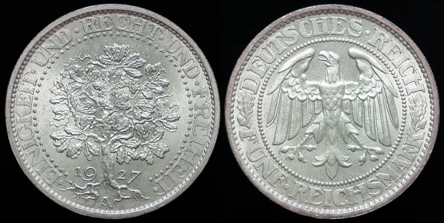 Germany 5 Reichsmark 1927 - Oak Tree