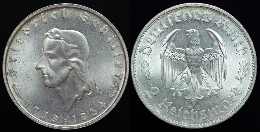 3rd Reich Schiller 2 Mark - 1934 F