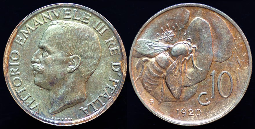 Italy - 10 Centesimi 1920 - Bee & Flower