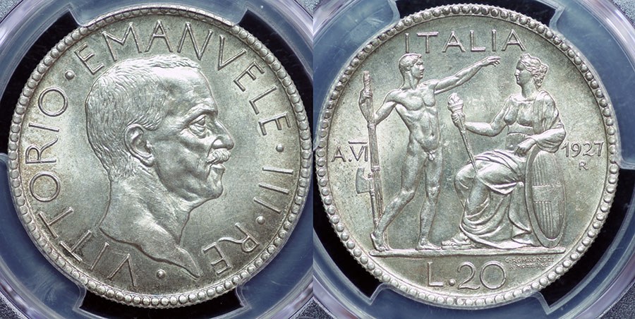 Italy - 20 Lire 1927 R, Lictor w/ Italy seated