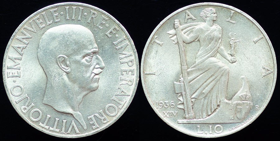 Italy - 10 Lire 1936, Italia on Prow