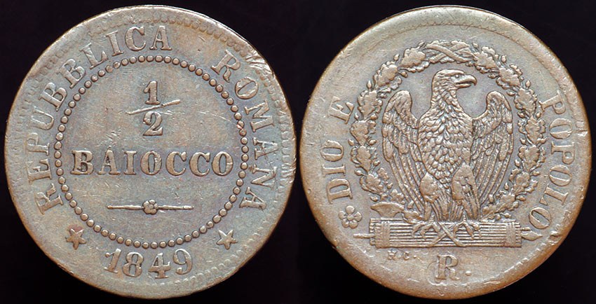 Italy - Roman Republic 1849 Half Baiocco