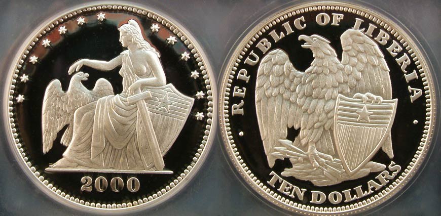 Liberia USA Tribute - Liberty w/ Eagle, Sword & Shields  $10 Dollars