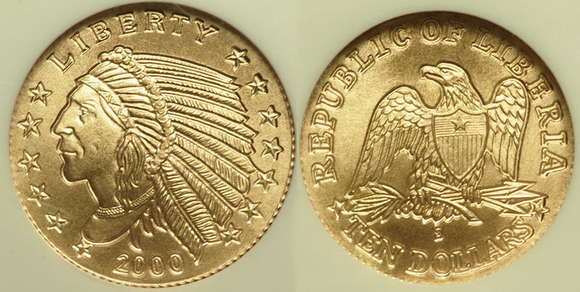 Liberia - Gold Quarter Eagle Indian Head Tribute $10