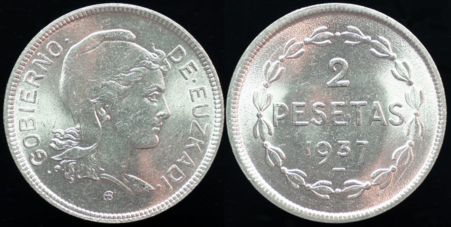Spain - Civil War Euzkadi or Viscayan Rep 2 Peseta 1937