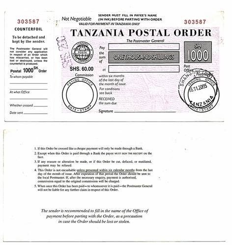 Zanzibar 2005 1,000 Shillings Postal Order.