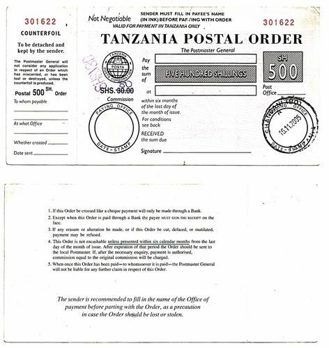 Zanzibar 2005 500 Shillings Postal Order.