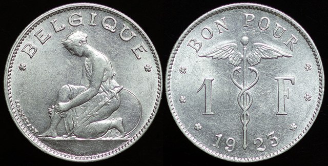 Belgium - 1 Frank 1923 Kneeling Woman & Caduceus