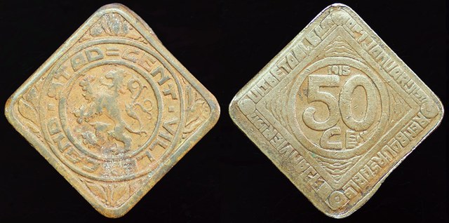Belgium - Ghent 50 Centimes 1915, Thick type, ALL Copper