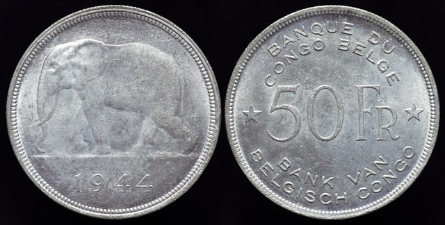 Belgian Congo - 50 Fr. 1944, Elephant