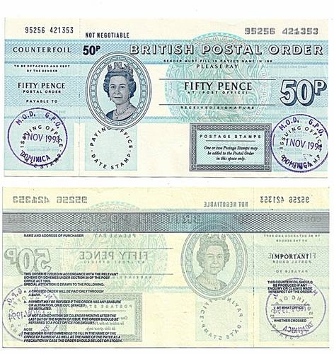 Dominica 1994 50 Pence Postal Order.