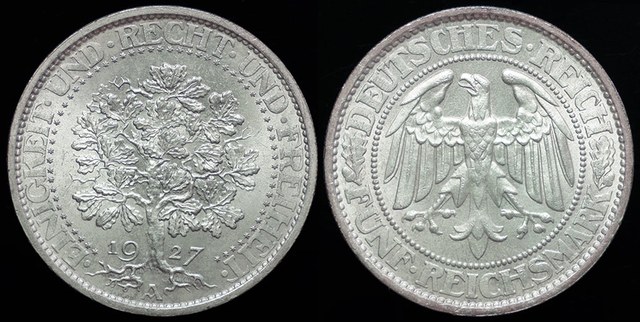 Germany 5 Reichsmark 1927 - Oak Tree