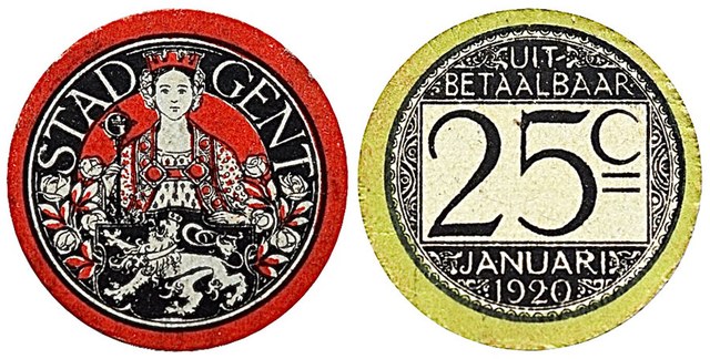 Belgium - Ghent WWI Cardboard Emergency Money, 25 Centimes