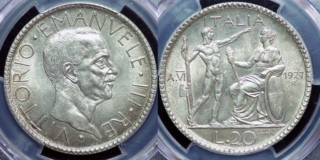 Italy - 20 Lire 1927 R, Lictor w/ Italy seated