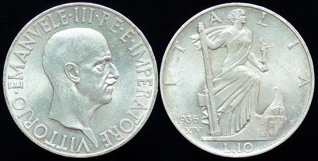 Italy - 10 Lire 1936, Italia on Prow