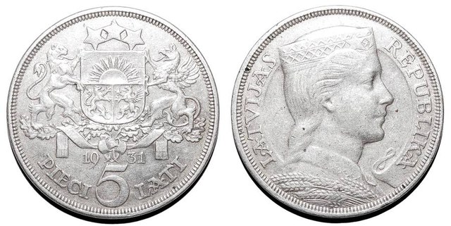 LATVIA (1st REPUBLIC)~5 Lati 1931