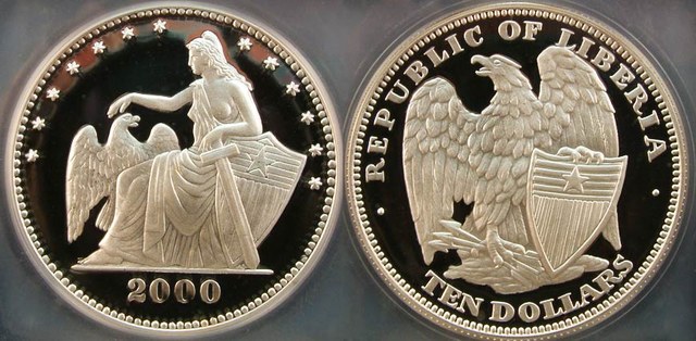 Liberia USA Tribute - Liberty w/ Eagle, Sword & Shields  $10 Dollars