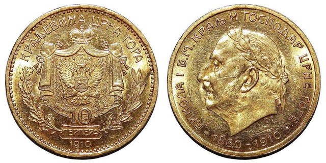 MONTENEGRO (REPUBLIC)~10 Coronation Perpera 1910
