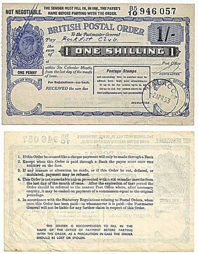 Malacca 1953 1 Shilling Postal Order.