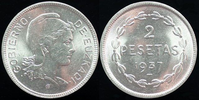 Spain - Civil War Euzkadi or Viscayan Rep 2 Peseta 1937