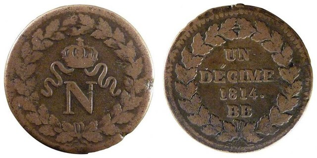 France Strasbourg 1814  1 décime (Napoleon)