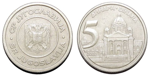 YUGOSLAVIA (FEDERAL REPUBLIC)~5 Dinara 2002