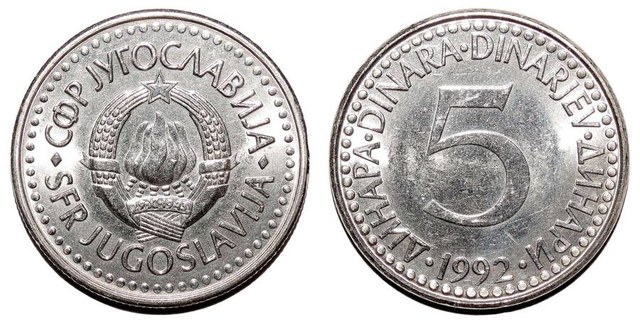 YUGOSLAVIA (SOCIALIST FEDERAL REPUBLIC)~5 Dinara 1992
